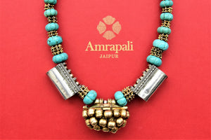 Buy beautiful Amrapali silver necklace in USA with gold ghungroo pendant. Look beautiful in Indian jewelry, gold plated jewelry , silver jewelry, gold plated earrings, wedding jewellery from Pure Elegance Indian fashion store in USA.-closeup