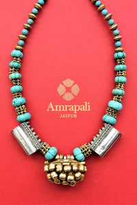 Buy beautiful Amrapali silver necklace in USA with gold ghungroo pendant. Look beautiful in Indian jewelry, gold plated jewelry , silver jewelry, gold plated earrings, wedding jewellery from Pure Elegance Indian fashion store in USA.-full view