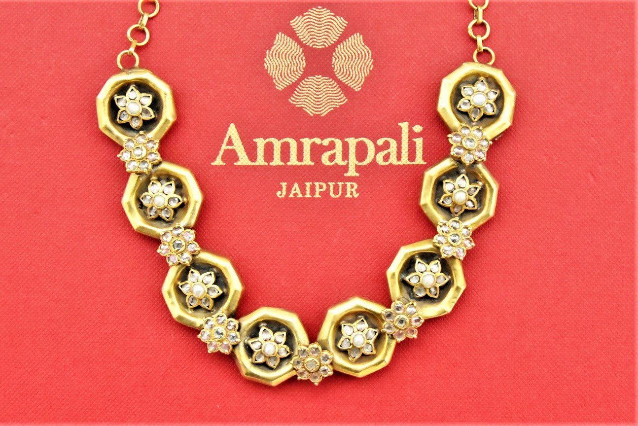 Buy Amrapali beautiful floral glass motifs gold plated necklace online in USA. Shop beautiful Amrapali jewelry, gold plated necklaces, silver jewelry, wedding jewelry, gold plated earrings from Pure Elegance Indian fashion store in USA.-front