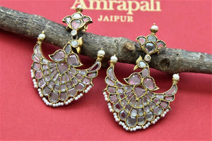 Buy stunning gold plated pink stone dangling earrings online in USA with pearl piroyi. Buy exclusive Indian jewelry, gold plated earrings, silver earrings, gold plated necklace from Amrapali in USA available at Pure Elegance Indian fashion store.-front
