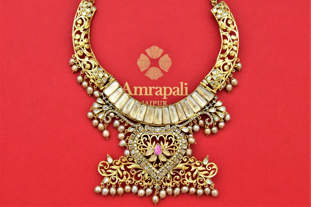 Shop stunning plated glass and zircon necklace online in USA with pearls. Shop beautiful Amrapali jewelry, gold plated necklaces, silver jewelry, wedding jewelry, gold plated earrings from Pure Elegance Indian fashion store in USA.-full view