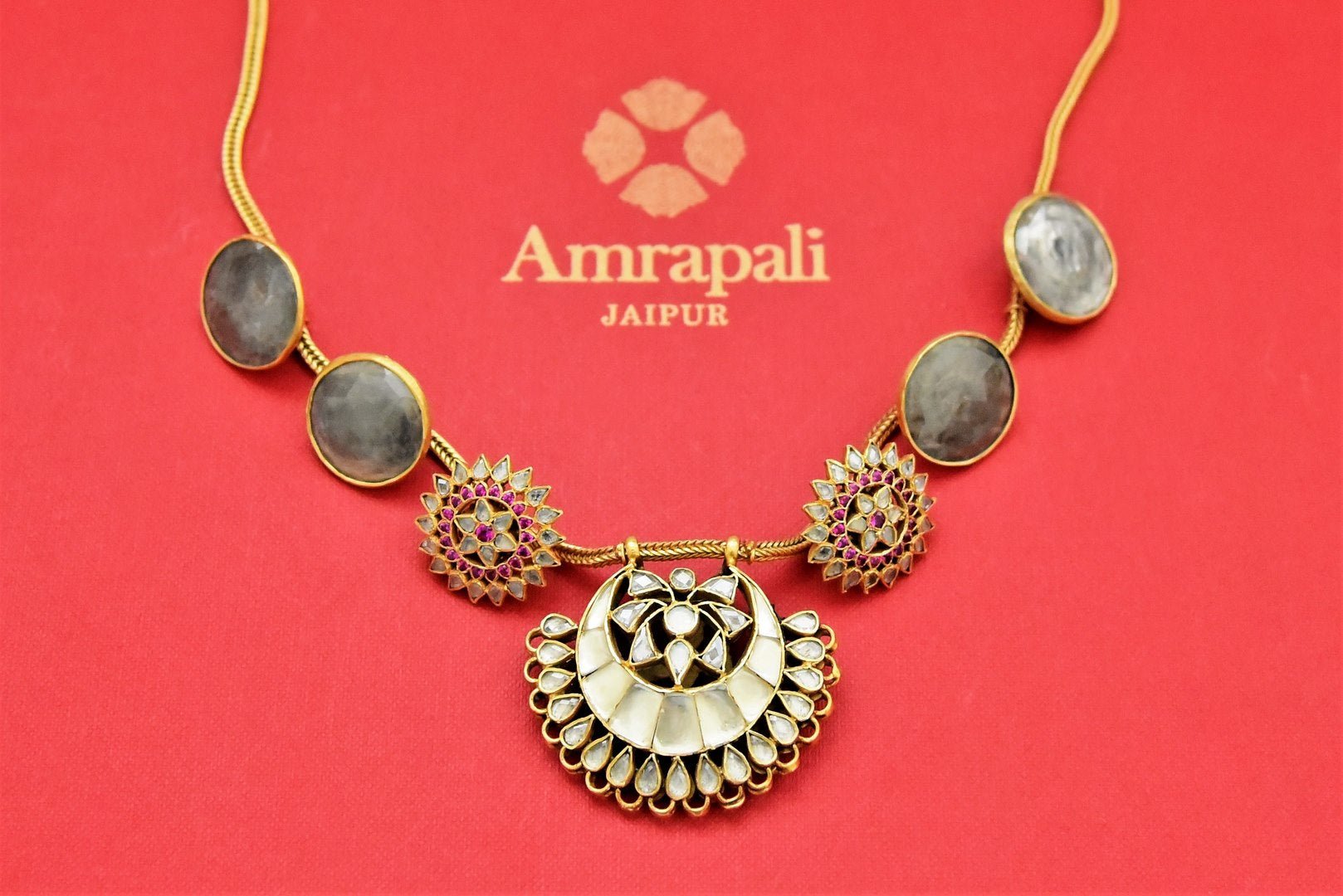 Buy beautiful gold plated necklace in USA with glass flower pendant. Shop beautiful Amrapali jewelry, gold plated necklaces, silver jewelry, wedding jewelry, gold plated earrings from Pure Elegance Indian fashion store in USA.-full view