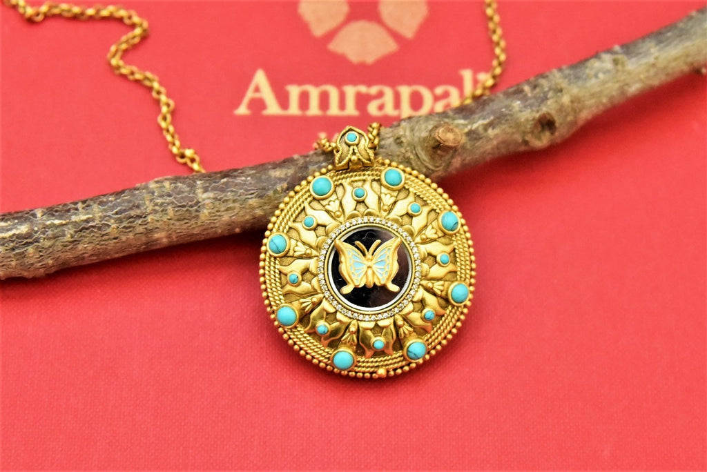Shop stunning gold plated butterfly pendant necklace online in USA. Shop beautiful Amrapali jewelry, gold plated necklaces, silver jewelry, wedding jewelry, gold plated earrings from Pure Elegance Indian fashion store in USA.-front