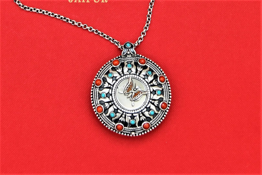 Buy beautiful silver pendant necklace online in USA with blue and red stones. Shop beautiful Amrapali jewelry, gold plated necklaces, silver jewelry, wedding jewelry, gold plated earrings from Pure Elegance Indian fashion store in USA.-front