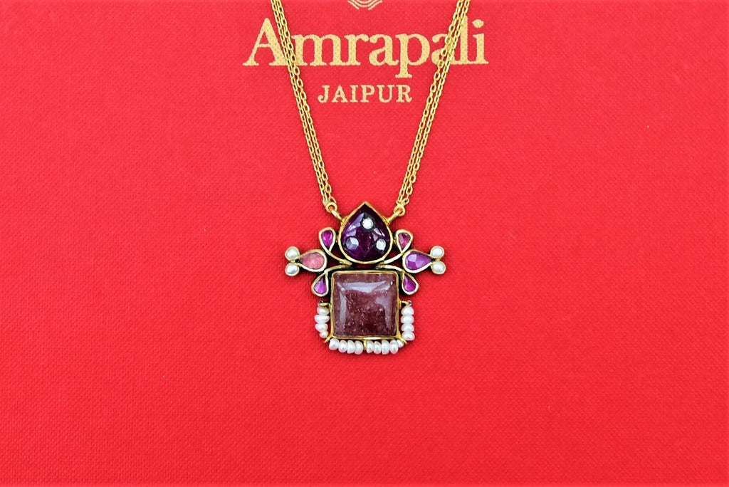 Shop stunning gold plated purple stones pendant necklace online in USA. Shop beautiful Amrapali jewelry, gold plated necklaces, silver jewelry, wedding jewelry, gold plated earrings from Pure Elegance Indian fashion store in USA.-front