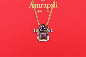 Shop stunning gold plated purple stones pendant necklace online in USA. Shop beautiful Amrapali jewelry, gold plated necklaces, silver jewelry, wedding jewelry, gold plated earrings from Pure Elegance Indian fashion store in USA.-front