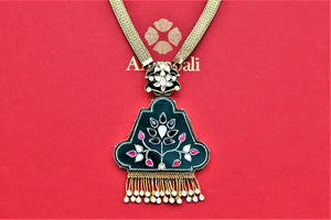 Buy stunning Amrapali enamel glass work Mughal pendant necklace online in USA. Add an elegant touch to your style with gold plated necklace, silver jewelry, wedding jewelry, gold plated earrings in USA from Pure Elegance Indian fashion store in USA.-full view