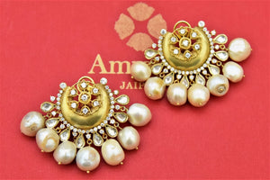 Shop stunning gold plated glass stud earrings online in USA with pearl drops. Shop beautiful Amrapali jewelry, gold plated necklaces, silver jewelry, wedding jewelry, gold plated earrings from Pure Elegance Indian fashion store in USA.-front