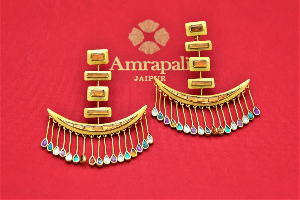 Buy Amrapali gold plated drop earrings online in USA with glass drop tassels. Add an elegant touch to your style with gold plated necklace, silver jewelry, wedding jewelry, gold plated earrings in USA from Pure Elegance Indian fashion store in USA.-full view