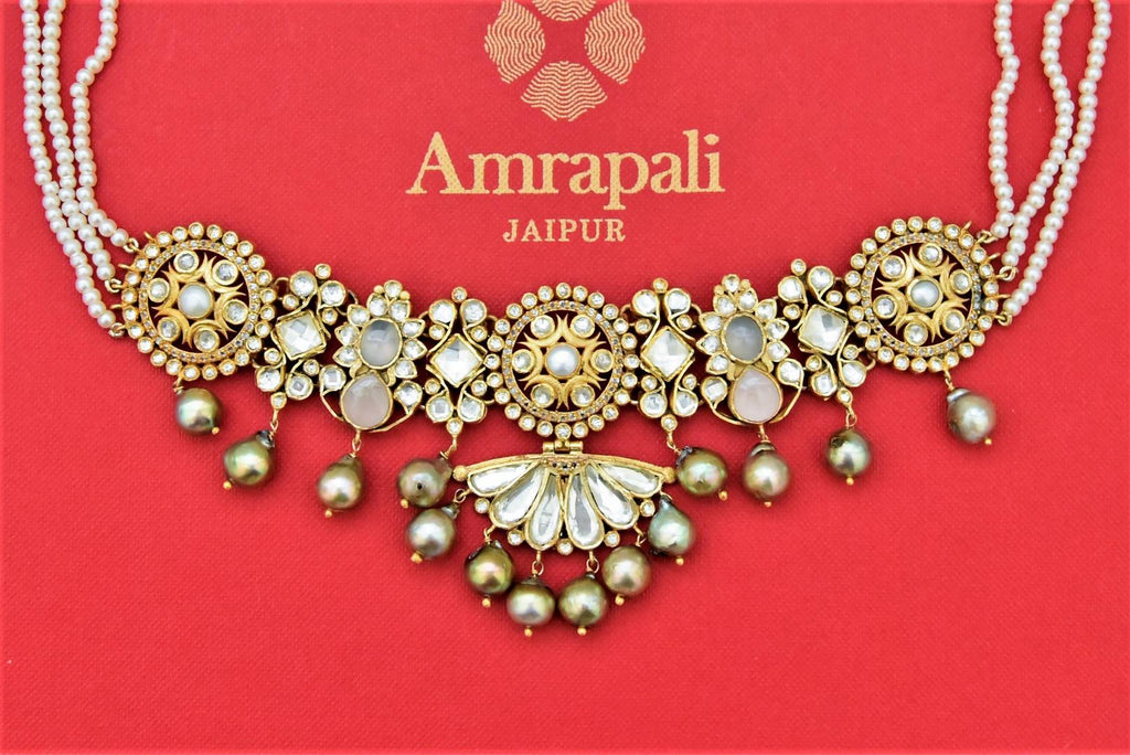Shop stunning Amrapali gold plated glass necklace online in USA with pearl strings. Shop beautiful Amrapali jewelry, gold plated necklaces, silver jewelry, wedding jewelry, gold plated earrings from Pure Elegance Indian fashion store in USA.-front