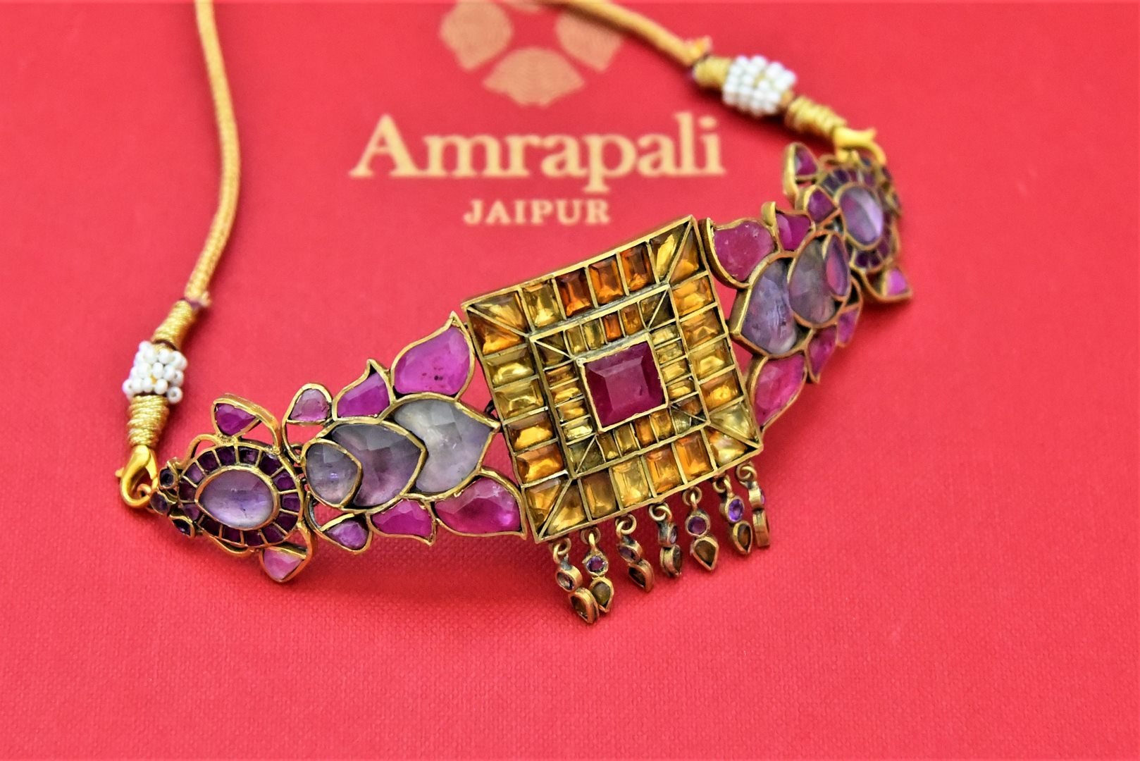 Buy beautiful purple and yellow glass gold plated choker necklace online in USA. Shop beautiful Amrapali jewelry, gold plated necklaces, silver jewelry, wedding jewelry, gold plated earrings from Pure Elegance Indian fashion store in USA.-front