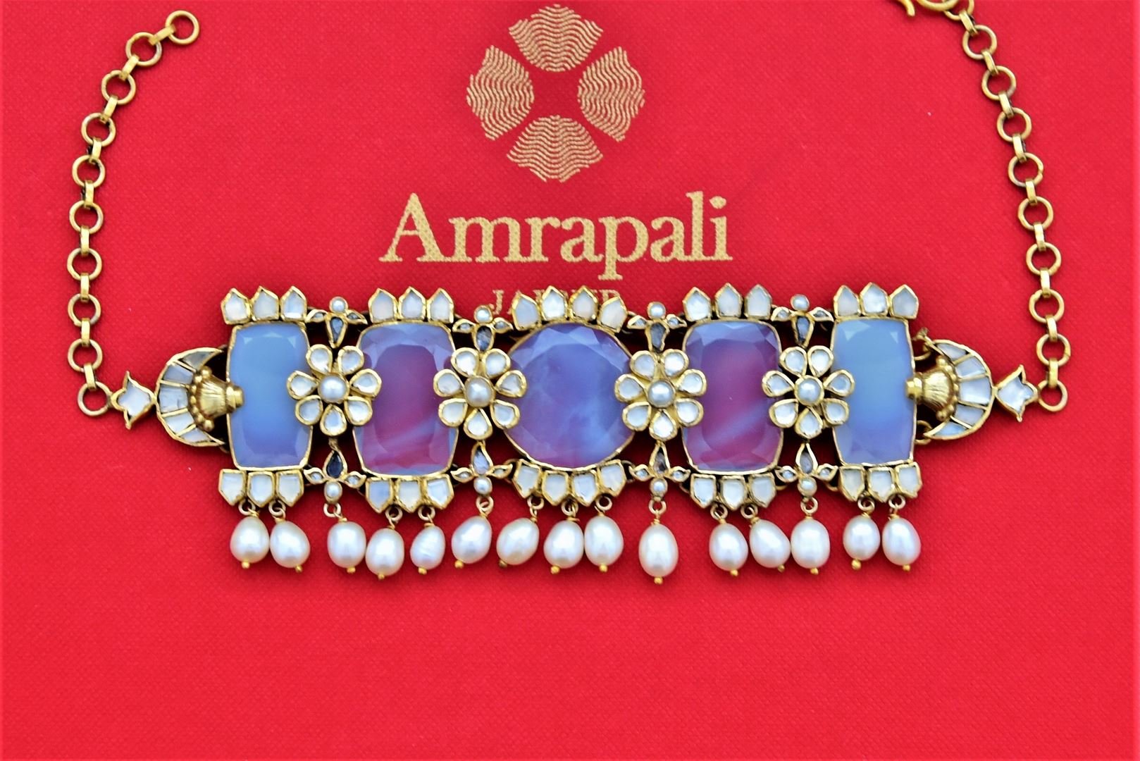 Buy Amrapali light blue and white glass choker necklace online in USA with pearl beads. Add an elegant touch to your style with gold plated necklace, silver jewelry, wedding jewelry, gold plated earrings in USA from Pure Elegance Indian fashion store in USA.-full view