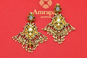 Shop stunning gold plated yellow glass and kundan earrings online in USA with pearls. Shop beautiful Amrapali jewelry, gold plated necklaces, silver jewelry, wedding jewelry, gold plated earrings from Pure Elegance Indian fashion store in USA.-front