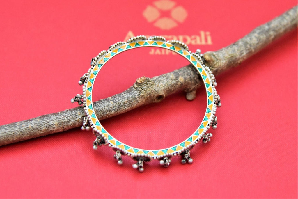 Buy stunning colored enamel silver bangle online in USA with ghungroo. Shop beautiful Amrapali jewelry, gold plated necklaces, silver jewelry, wedding jewelry, gold plated earrings from Pure Elegance Indian fashion store in USA.-front