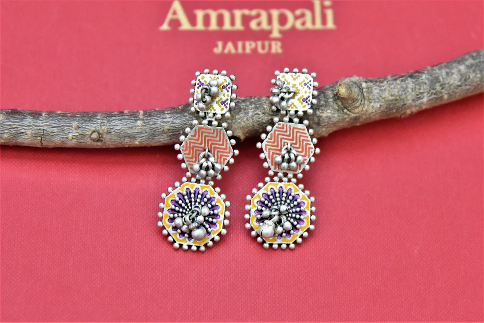 Shop Amrapali stunning silver enamel coins earrings online in USA. Shop beautiful Amrapali jewelry, gold plated necklaces, silver jewelry, wedding jewelry, gold plated earrings from Pure Elegance Indian fashion store in USA.-front