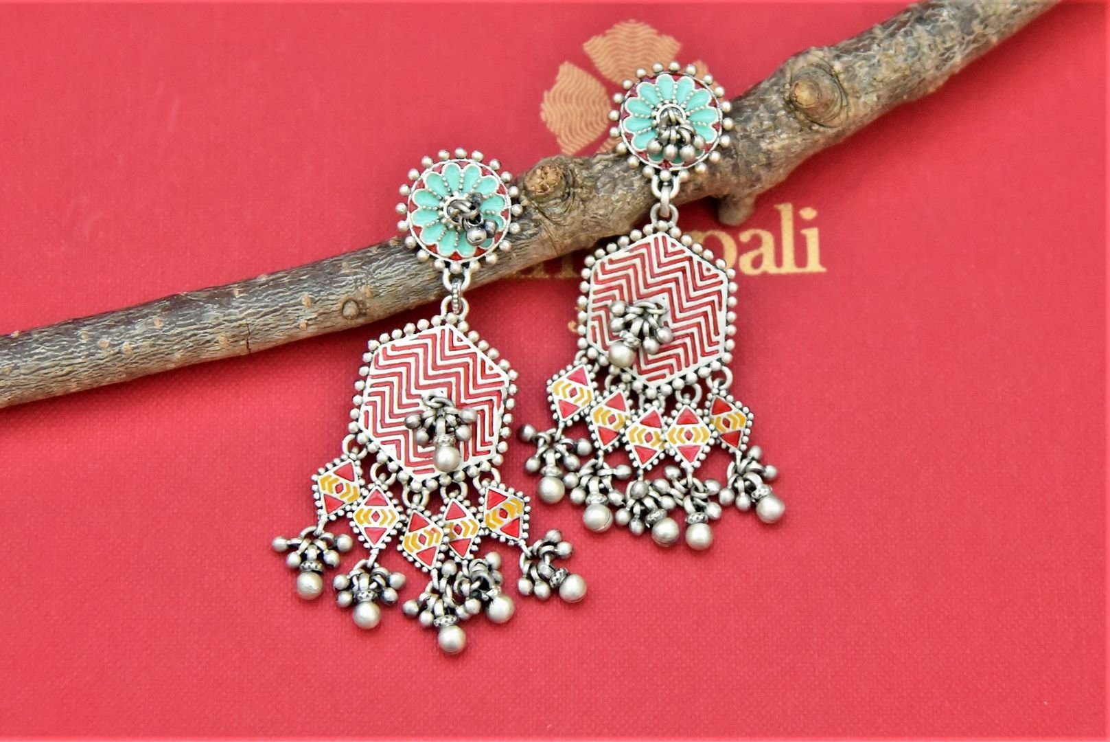 Shop stunning Amrapali enamel work drop earrings online in USA. Shop beautiful Amrapali jewelry, gold plated necklaces, silver jewelry, wedding jewelry, gold plated earrings from Pure Elegance Indian fashion store in USA.-front