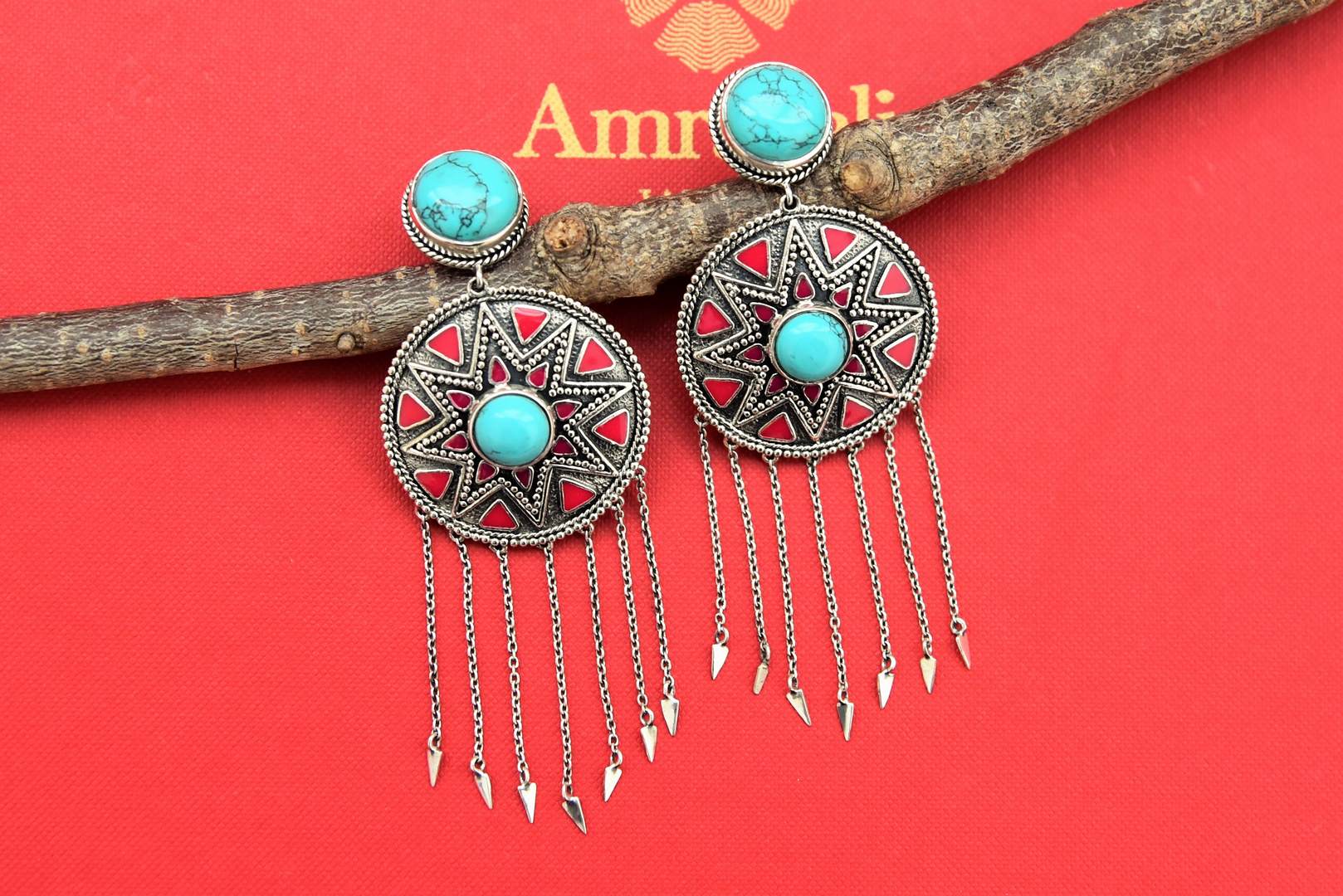Buy stunning Amrapali antique silver earrings online in USA with blue stones and tassels. Shop gold plated jewelry, silver jewelry,  silver earrings, bridal jewelry, fashion jewelry from Amrapali from Pure Elegance Indian clothing store in USA.-full view