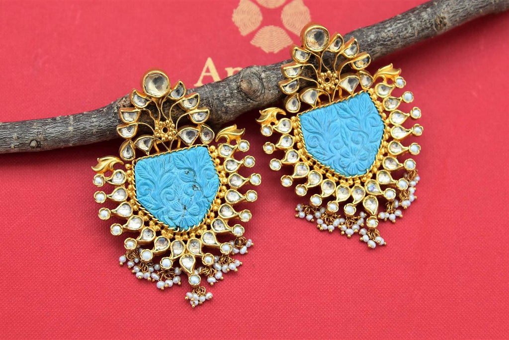 Buy beautiful gold plated earrings online in USA with blue stone and kundan. Shop gold plated jewelry, silver jewelry,  silver earrings, bridal jewelry, fashion jewelry from Amrapali from Pure Elegance Indian clothing store in USA.-full view
