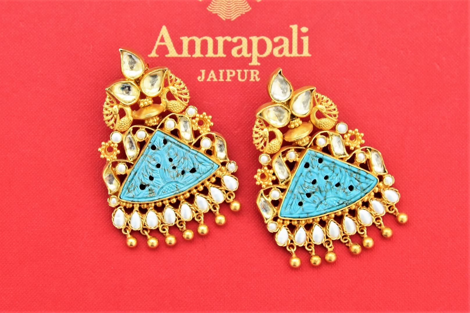 Shop beautiful gold plated kundan earrings online in USA with blue stone. Shop gold plated jewelry, silver jewelry,  silver earrings, bridal jewelry, fashion jewelry from Amrapali from Pure Elegance Indian clothing store in USA.-full view