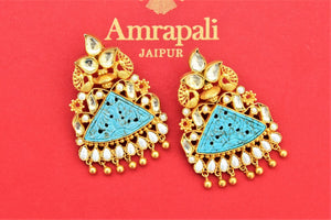 Shop beautiful gold plated kundan earrings online in USA with blue stone. Shop gold plated jewelry, silver jewelry,  silver earrings, bridal jewelry, fashion jewelry from Amrapali from Pure Elegance Indian clothing store in USA.-full view