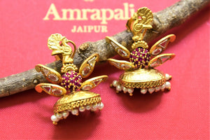 Shop beautiful gold plated glass peacock jhumki online in USA with pearls. Look beautiful in Indian jewelry, gold plated jewelry , silver jewelry, gold plated earrings, wedding jewellery from Pure Elegance Indian fashion store in USA.-full view