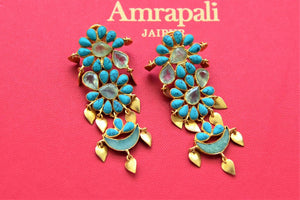Shop stunning Amrapali gold plated turquoise floral earrings online in USA. Shop gold plated jewelry, silver jewelry,  silver earrings, bridal jewelry, fashion jewelry from Amrapali from Pure Elegance Indian clothing store in USA.-full view