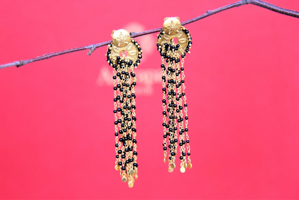 Shop stunning Amrapali gold plated and black beads tassel earrings online in USA. Look beautiful in Indian jewelry, gold plated jewelry , silver jewelry, gold plated earrings, wedding jewellery from Pure Elegance Indian fashion store in USA.-full view