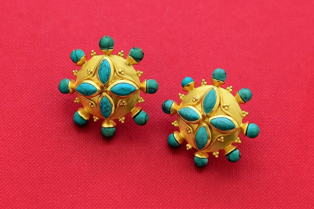 Buy stunning gold plated turquoise stone studs online in USA. Shop gold plated jewelry, silver jewelry,  silver earrings, bridal jewelry, fashion jewelry from Amrapali from Pure Elegance Indian clothing store in USA..-full view