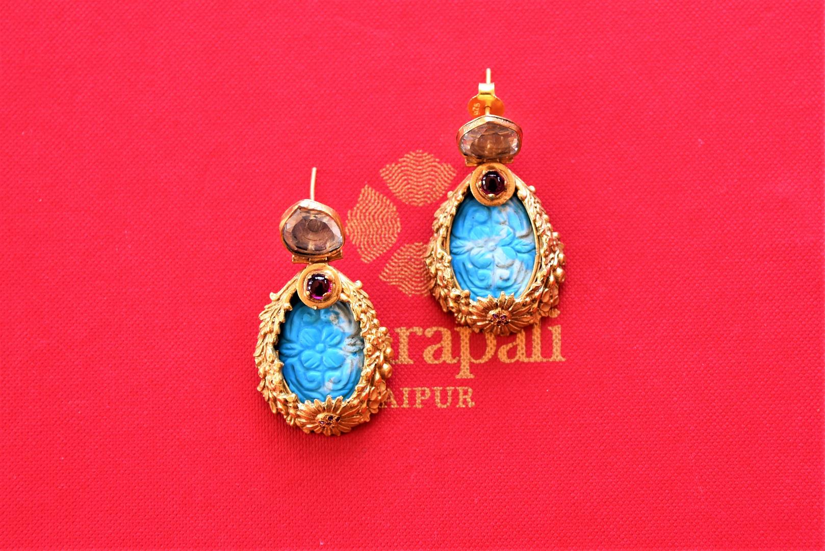 Buy stunning turquoise stone gold plated drop earrings online in USA. Shop exclusive gold plated jewelry, wedding jewelry , bridal jewelry, gold plated earrings, silver jewelry from Amrapali at Pure Elegance Indian fashion store in USA.-full view