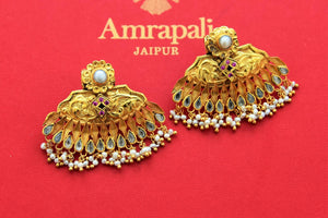 Shop stunning gold plated glass earrings online in USA with pearls cluster. Shop gold plated jewelry, silver jewelry,  silver earrings, bridal jewelry, fashion jewelry from Amrapali from Pure Elegance Indian clothing store in USA.-full view