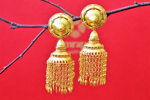 Buy stunning gold plated jhumka earrings online in USA with tassels. Shop gold plated jewelry, silver jewelry,  silver earrings, bridal jewelry, fashion jewelry from Amrapali from Pure Elegance Indian clothing store in USA.-full view