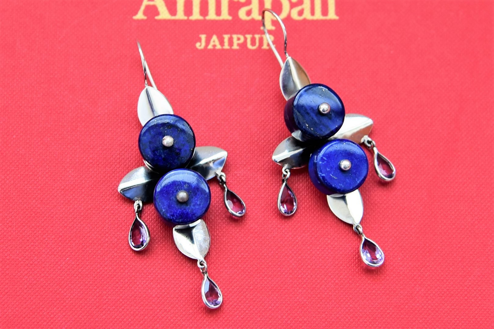 Shop stunning Amrapali blue stone silver dangler earrings online in USA. Shop gold plated jewelry, silver jewelry,  silver earrings, bridal jewelry, fashion jewelry from Amrapali from Pure Elegance Indian clothing store in USA.-full view