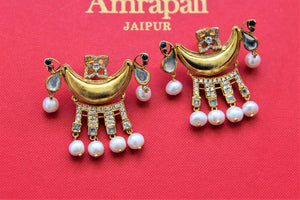 Shop stunning Amrapali gold plated crescent earrings online in USA with pearls. Shop gold plated jewelry, silver jewelry,  silver earrings, bridal jewelry, fashion jewelry from Amrapali from Pure Elegance Indian clothing store in USA.-full view