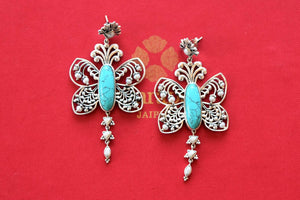 Shop silver butterfly earrings online in USA with turquoise stones and drops. Shop exclusive gold plated jewelry, wedding jewelry , bridal jewelry, gold plated earrings, silver jewelry from Amrapali at Pure Elegance Indian fashion store in USA.-full view