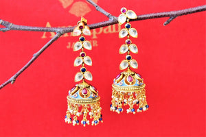 Buy stunning gold plated kundan leaves jhumka earrings online in USA. Shop gold plated jewelry, silver jewelry,  silver earrings, bridal jewelry, fashion jewelry from Amrapali from Pure Elegance Indian clothing store in USA.-full view