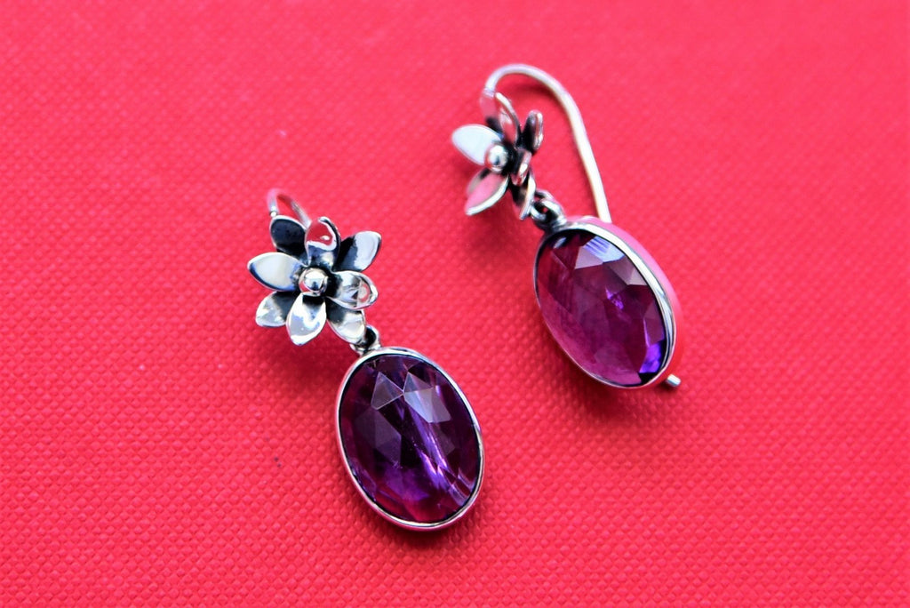 Shop stunning silver drop earrings online in USA with purple stone. Shop gold plated jewelry, silver jewelry,  silver earrings, bridal jewelry, fashion jewelry from Amrapali from Pure Elegance Indian clothing store in USA.-full view