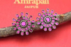 Shop beautiful Amrapali pink glass silver flower earrings online in USA. Shop gold plated jewelry, silver jewelry,  silver earrings, bridal jewelry, fashion jewelry from Amrapali from Pure Elegance Indian clothing store in USA.-full view