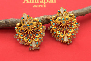 Shop beautiful gold plated floral earrings online in USA with blue stones. Shop gold plated jewelry, silver jewelry,  silver earrings, bridal jewelry, fashion jewelry from Amrapali from Pure Elegance Indian clothing store in USA.-full view