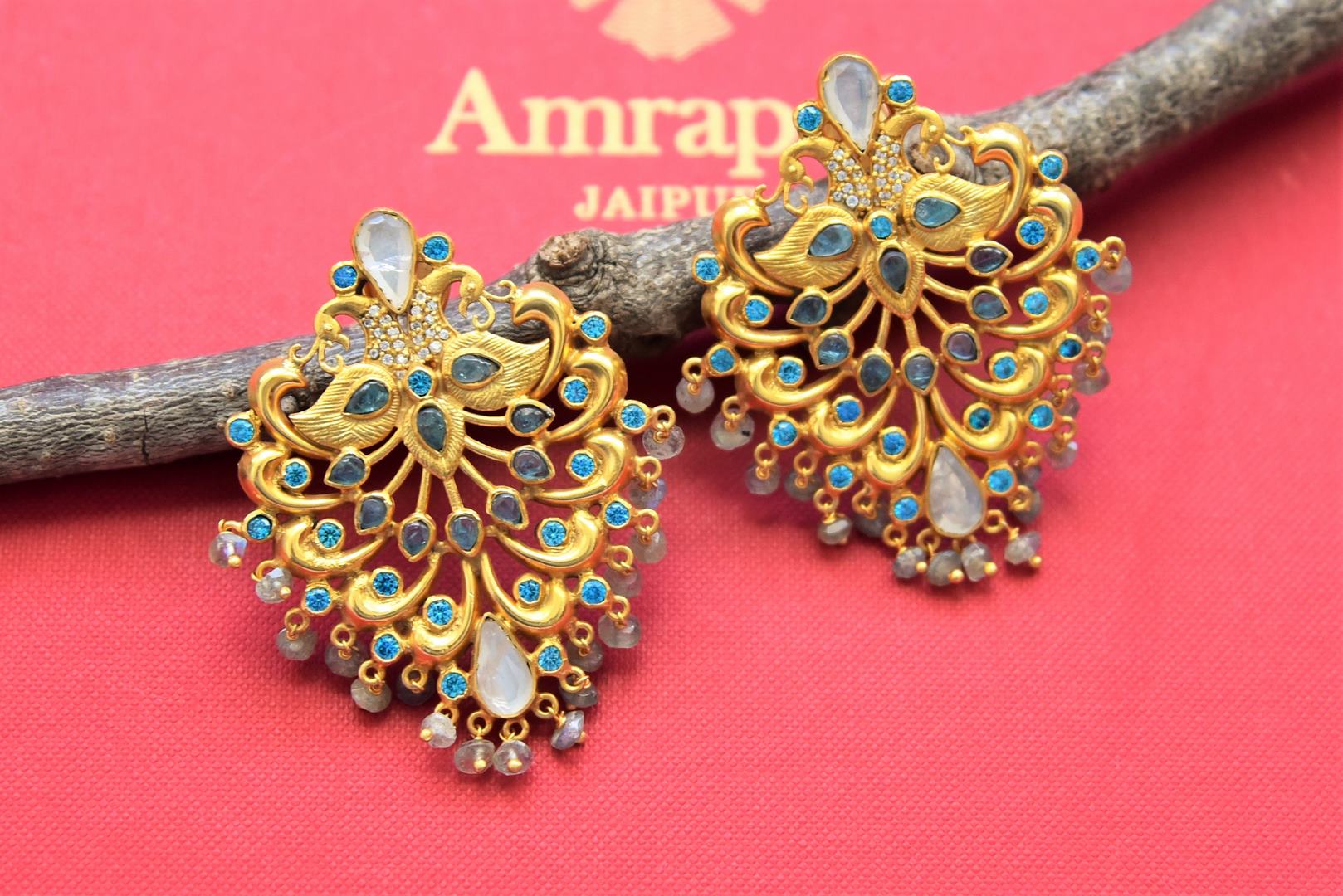 Buy beautiful heavy gold plated earrings online in USA with blue stones and zircon. Shop gold plated jewelry, silver jewelry,  silver earrings, bridal jewelry, fashion jewelry from Amrapali from Pure Elegance Indian clothing store in USA.-full view