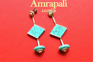 Buy stunning Amrapali turquoise stones silver dangler earrings online in USA. Look beautiful in Indian jewelry, gold plated jewelry , silver jewelry, gold plated earrings, wedding jewellery from Pure Elegance Indian fashion store in USA.-full view
