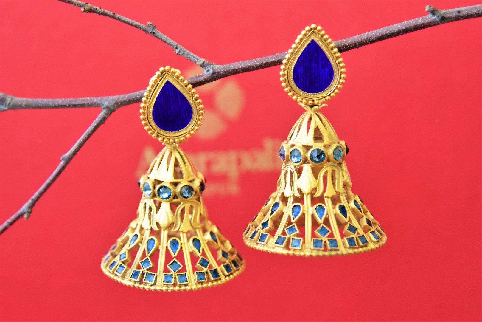 Shop stunning gold plated blue stones dome earrings online  in USA. Shop gold plated Amrapali jewelry, silver jewelry, wedding jewelry , gold plated earrings from Pure Elegance Indian fashion store in USA.-full view