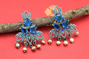 Shop stunning blue bug earrings online in USA with pearl drops. Shop gold plated jewelry, silver jewelry,  silver earrings, bridal jewelry, fashion jewelry from Amrapali from Pure Elegance Indian clothing store in USA.-full view