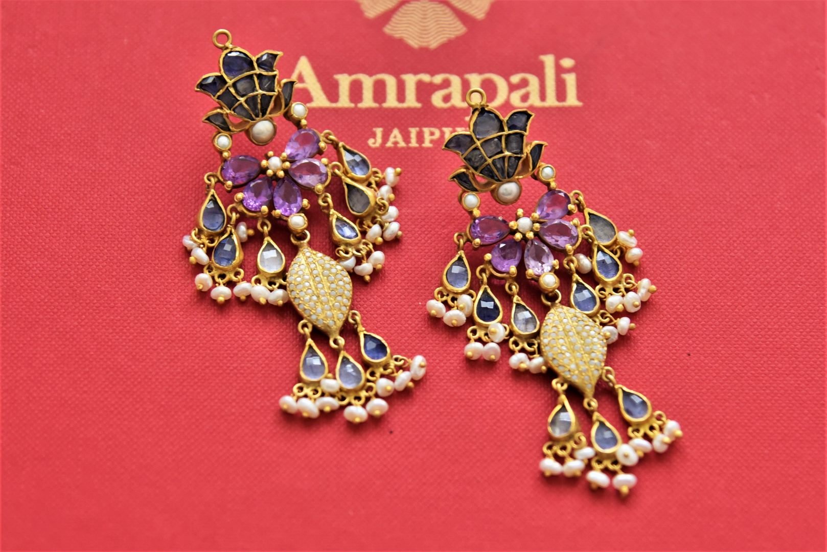 Buy beautiful multicolor stone gold plated drop earrings online in USA with pearls. Add an elegant touch to your style with gold plated necklace, silver jewelry, wedding jewelry, gold plated earrings in USA from Pure Elegance Indian fashion store in USA.-full view