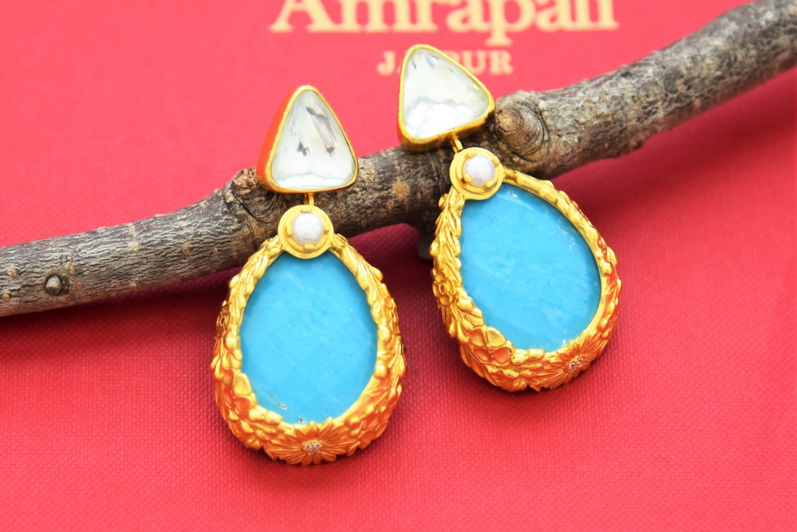 Shop stunning gold plated blue drop earrings online in USA. Shop gold plated Amrapali jewelry, silver jewelry, wedding jewelry , gold plated earrings from Pure Elegance Indian fashion store in USA.-full view