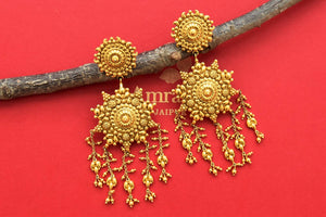 Shop stunning gold plated floral earrings online in USA with tassels. Shop gold plated Amrapali jewelry, silver jewelry, wedding jewelry , gold plated earrings from Pure Elegance Indian fashion store in USA.-full view