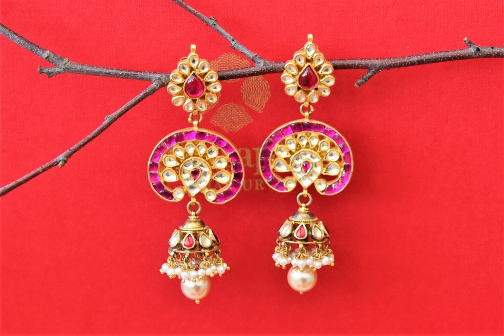 Buy gold plated kundan and pink glass jhumka drop earrings online in USA. Shop gold plated Amrapali jewelry, silver jewelry, wedding jewelry , gold plated earrings from Pure Elegance Indian fashion store in USA.-full view
