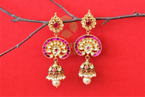 Buy gold plated kundan and pink glass jhumka drop earrings online in USA. Shop gold plated Amrapali jewelry, silver jewelry, wedding jewelry , gold plated earrings from Pure Elegance Indian fashion store in USA.-full view