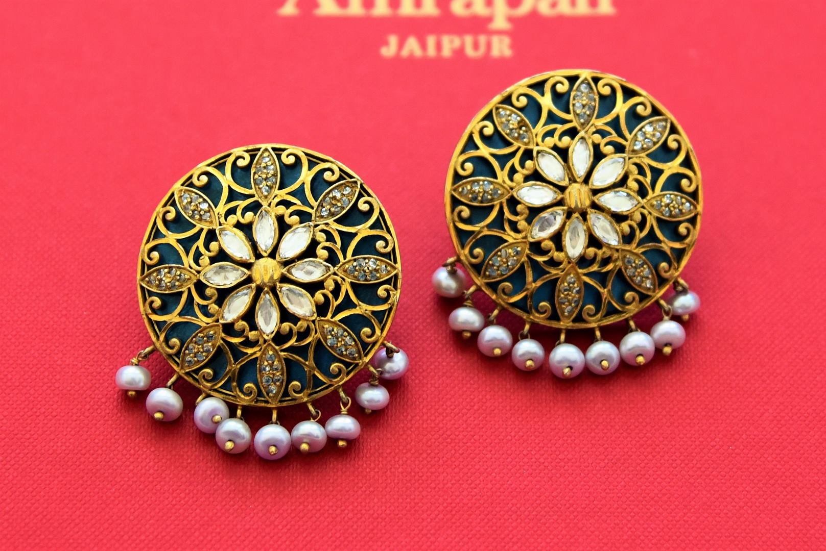Shop beautiful gold plated glass floral studs online in USA with pearl drops. Shop gold plated jewelry, silver jewelry,  silver earrings, bridal jewelry, fashion jewelry from Amrapali from Pure Elegance Indian clothing store in USA.-full view