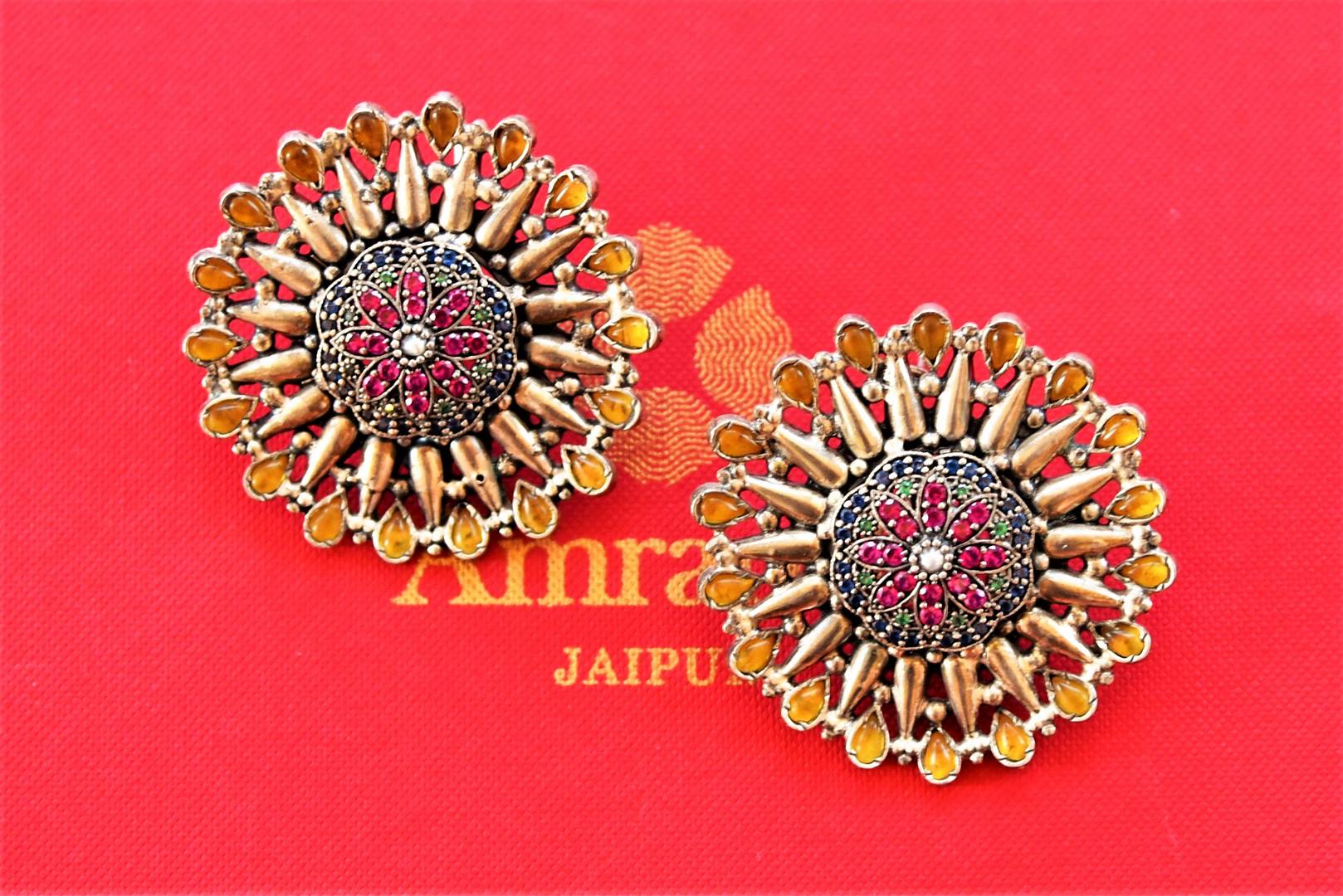 Shop Amrapali multicolor glass gold plated floral earrings online in USA. Shop exclusive gold plated jewelry, wedding jewelry , bridal jewelry, gold plated earrings, silver jewelry from Amrapali at Pure Elegance Indian fashion store in USA.-full view