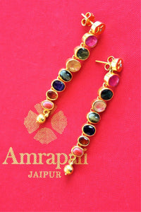 Shop Amrapali multicolor stone drops gold plated earrings online in USA. Shop exclusive gold plated jewelry, wedding jewelry , bridal jewelry, gold plated earrings, silver jewelry from Amrapali at Pure Elegance Indian fashion store in USA.-full view